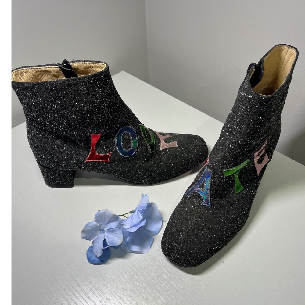 Modern Vice Love Hate Glitter Ankle Boots Black Metallic Made in NYC Size 37‎
